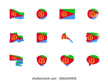 Bandera de Eritrea - colección plana. Banderas de diferentes formas doce iconos planos. Conjunto de ilustraciones de vector