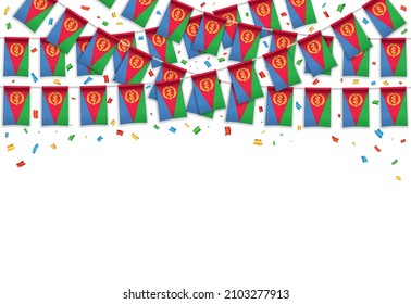 Eritrea Flaggengarland weißer Hintergrund mit Konfetti, Hang Banner für Eritrea Unabhängigkeitstag Feierlichkeiten Schablonenbanner, Vektorgrafik