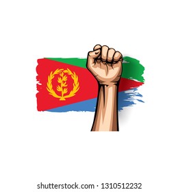 Eritrea flag and hand on white background. Vector illustration
