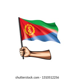 Eritrea flag and hand on white background. Vector illustration