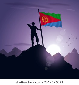 Eritrea Flag hoisted on a mountain peak with a purplish sunset in the background, vector illustration