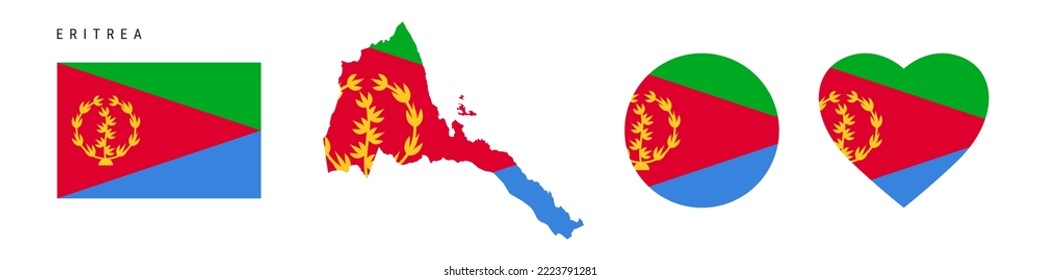 Eritrea flag icon set. Eritrean pennant in official colors and proportions. Rectangular, map-shaped, circle and heart-shaped. Flat vector illustration isolated on white.