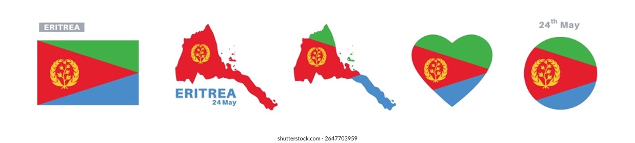 eritreia bandeira e conjunto de mapas. eritrea bandeira em cores oficiais e proporções. independência dia 24 maio, mapa, círculo e coração em forma eritreia