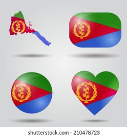 Eritrea flag set in map, oval, circular and heart shape.