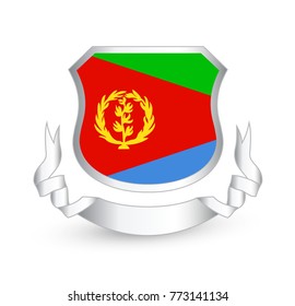 Eritrea flag in shield and ribbon. Vector illustration.