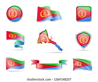 Eritrea flags collection. Flags and outline of the country vector illustration set