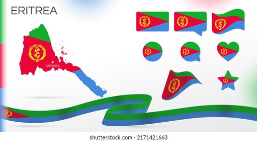 Eritrea flags set. Various designs. Map and capital city. World flags. Vector set. Circle icon. Template for independence day. Collection of national symbols. Ribbon with colors of the flag. Africa