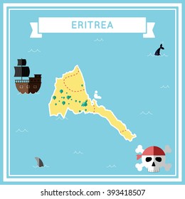 Eritrea flat treasure map. Colorful cartoon treasure map of Eritrea with flat icons of pirate ship, jolly roger, treasure chest and banner ribbon. Flat design vector illustration.