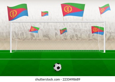 Eritrea football team fans with flags of Eritrea cheering on stadium, penalty kick concept in a soccer match. Sports vector illustration.