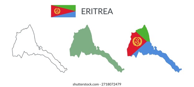 Fronteiras geográficas da Eritreia isoladas sobre fundo branco. Bandeira da Eritreia. Cliparts planas vetoriais.