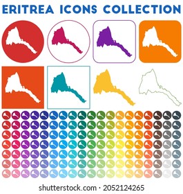 Eritrea icons collection. Bright colorful trendy map icons. Modern Eritrea badge with country map. Vector illustration.