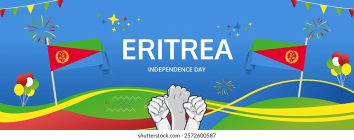 Eritrea Independence Day modern greeting banner. 24 May Happy Eritrea National Day. Holiday abstract concept in flag colors. Great for event like carnival, feast poster, support, culture and tourism