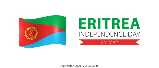Eritrea Independence Day, simple minimalist web banner design. Text Eritrea Independence Day, 24 may and Eritrean flag isolated on white background.