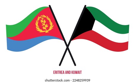 Banderas de Eritrea y Kuwait Cruzadas y ondeadas de estilo plano. Proporción oficial. Colores correctos.