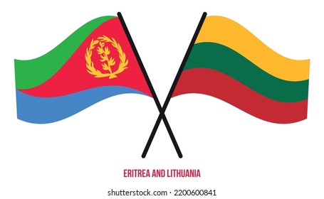 Banderas de Eritrea y Lituania Cruzadas y ondeadas de estilo plano. Proporción oficial. Colores correctos.