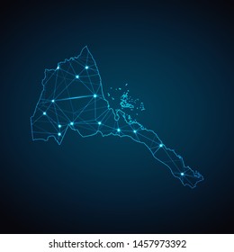 Eritrea Map - Abstract geometric mesh polygonal network line, structure and point scales on dark background with lights in the form of cities. Vector illustration eps 10.