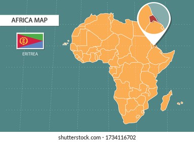 Mapa eritreo en la versión zoom de África, iconos que muestran la ubicación y banderas de Eritrea.