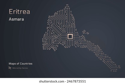 Eritrea Mapa con la capital de Asmara en un patrón de microchip con procesador. Gobierno electrónico. Mapas de Vector de Países Mundiales. Serie de microchips