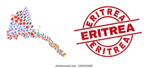 Eritrea map collage and scratched Eritrea red round stamp seal. Eritrea badge uses vector lines and arcs. Eritrea map collage includes helmets, homes, showers, suns, men, and more pictograms.
