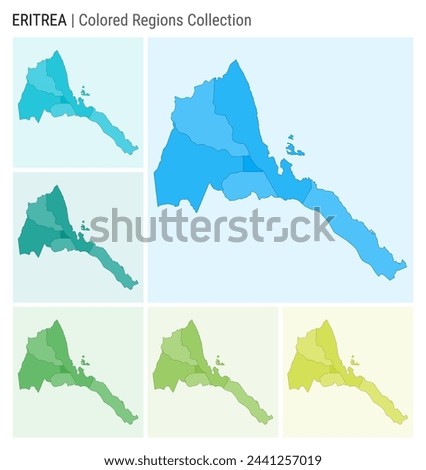 Eritrea map collection. Country shape with colored regions. Light Blue, Cyan, Teal, Green, Light Green, Lime color palettes. Border of Eritrea with provinces for your infographic. Vector illustration. Stok fotoğraf © 