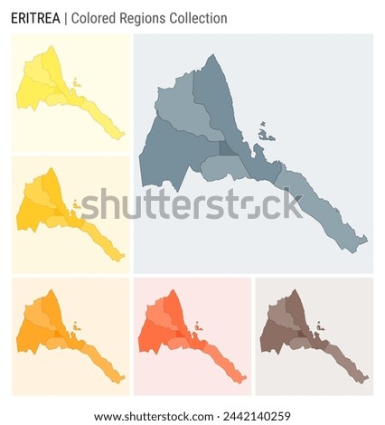 Eritrea map collection. Country shape with colored regions. Blue Grey, Yellow, Amber, Orange, Deep Orange, Brown color palettes. Border of Eritrea with provinces for your infographic. Stok fotoğraf © 