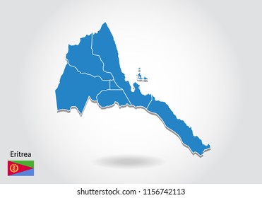 eritrea map design with 3D style. Blue eritrea map and National flag. Simple vector map with contour, shape, outline, on white.