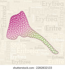 ERITREA map design. Country names in different languages and map shape with geometric low poly triangles. Stylish vector illustration of Eritrea.