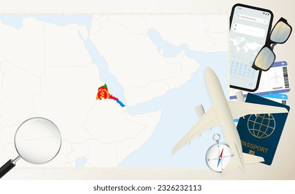 Eritrea map and flag, cargo plane on the detailed map of Eritrea with flag, passport, magnifying glass and airplane. Vector template.