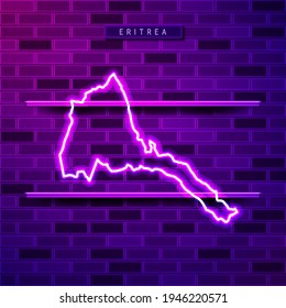 Eritrea map glowing neon lamp sign. Realistic vector illustration. Country name plate. Purple brick wall, violet glow, metal holders.