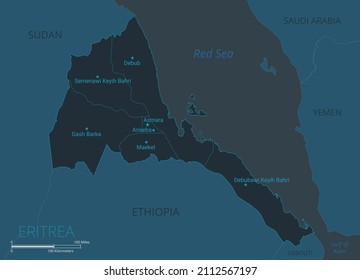 Eritrea map. High detailed map of Eritrea with countries, borders, cities, water objects. Vector illustration eps10