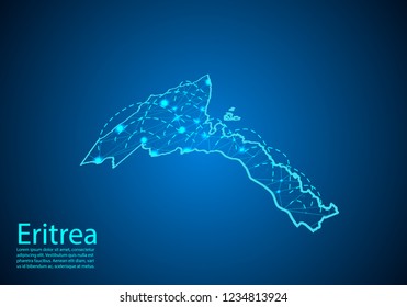 eritrea map with nodes linked by lines. concept of global communication and business. Dark eritrea map created from white dots with travel locations or internet connection.