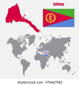 Eritrea map on a world map with flag and map pointer. Vector illustration