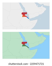 Eritrea map with pin of country capital. Two types of Eritrea map with neighboring countries. Vector template.