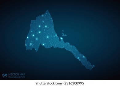 Eritrea map radial dotted pattern in futuristic style, design blue circle glowing outline made of stars. concept of communication on dark blue background. Vector EPS10