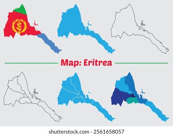 Eritrea Map set. eritrea map outline and blue silhouette vector. Eritrea map with flag.