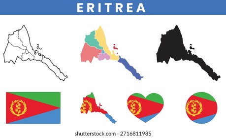Eritrea map set with regions outline silhouette and national flag icons.