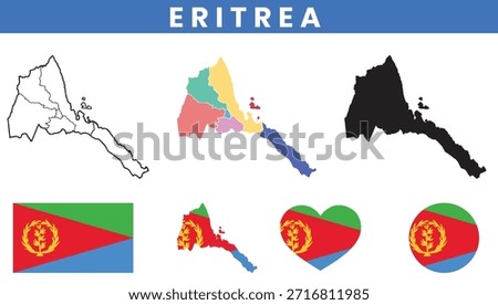 Eritrea map set with regions outline silhouette and national flag icons.