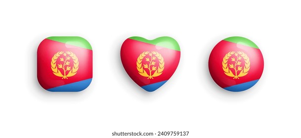 Eritrea Official National Flag 3D Vector Glossy Icons In Rounded Square, Heart And Circle Form Isolated On White Back. Eritrean Sign And Symbols Graphic Design Elements Volumetric Buttons Collection