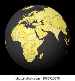 Eritrea on dark globe with yellow world map. Country highlighted with blue color. Satellite world projection centered to Eritrea. Astonishing vector illustration.
