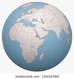 Eritrea on the globe. Earth hemisphere centered at the location of the State of Eritrea. Eritrea map.