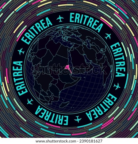 Eritrea on globe. Satelite view of the world centered to Eritrea. Bright neon style. Futuristic radial bricks background. Vibrant vector illustration. Stok fotoğraf © 