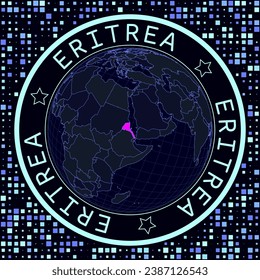 Eritrea on globe vector. Futuristic satelite view of the world centered to Eritrea. Geographical illustration with shape of country and squares background. Bright neon colors on dark background.