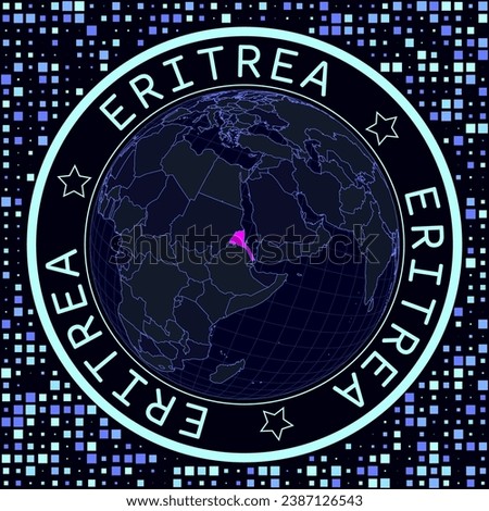 Eritrea on globe vector. Futuristic satelite view of the world centered to Eritrea. Geographical illustration with shape of country and squares background. Bright neon colors on dark background. Stok fotoğraf © 