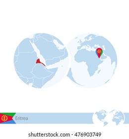 Eritrea on world globe with flag and regional map of Eritrea. Vector Illustration.