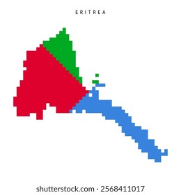 Eritrea pixel flag map icon. 8 bit pixel art Eritrean map covered with flag. Flat vector illustration isolated on white background.