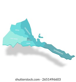 Mapa político eritreu das divisões administrativas - regiões. Mapa de vetor turquesa 3D com rótulos de nome.