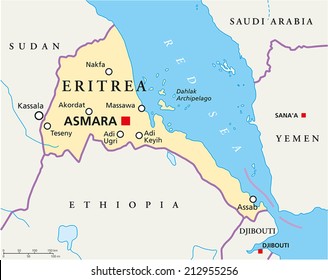 Eritrea Political Map with capital Asmara, national borders, most important cities, rivers and lakes. Illustration with English labeling and scaling.