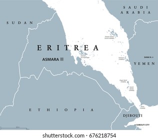 Eritrea political map with capital Asmara. State and country in the Horn of Africa with extensive coastline along the Red Sea. Gray illustration isolated on white background. English labeling. Vector.