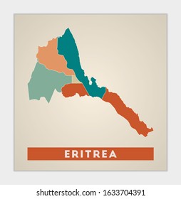 Eritrea poster. Map of the country with colorful regions. Shape of Eritrea with country name. Charming vector illustration.