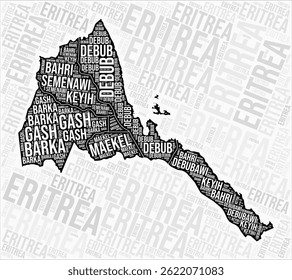 Eritrea regions map word cloud. Eritrea region names. Black and white map design. Awesome vector illustration.